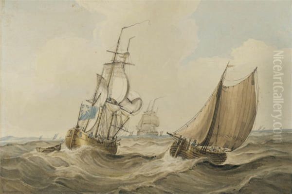 A Cutter Passing A Royal Navy Storeship In A Swell Oil Painting by John the Younger Cleveley