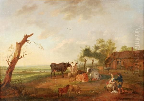 Figures And Cattle By A Farmstead Oil Painting by Charles Antoine Clevenbergh