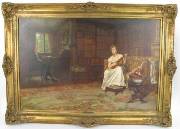 Oil On Canvaslibrary Scene With Young Woman Playing The Guitar Oil Painting by Edward Charles Clifford