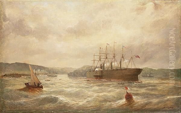 'atlantic Cable Expedition' July 28 1866, S.s. Gt. Eastern At Mark Buoy Preparing To Land The Shore End Cable At 'heart's Content'. Sir Saml. Canning Chief Of The Expedition Oil Painting by Henry Clifford