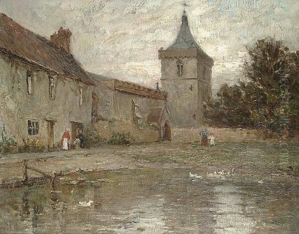 Figures Walking Near A Pond With A Church In The Background Oil Painting by Henry Charles Clifford