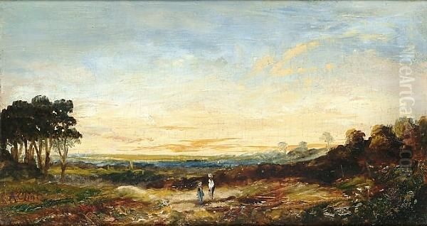 Figures On A Heath; A River Landscape Oil Painting by Alfred Clint