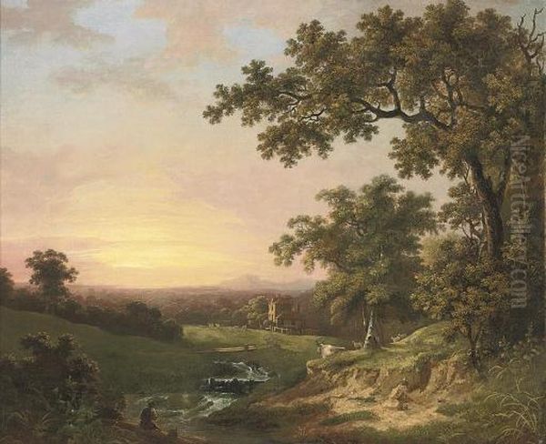 A Wooded River Landscape At Dusk, With An Angler In The Foreground And A Cottage Beyond Oil Painting by George Clint