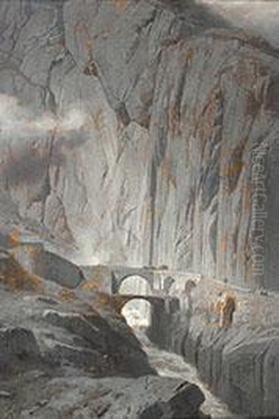 Schollenenschlucht Mit Alter Und Neuer Teufelsbrucke Oil Painting by Gustav Paul Closs