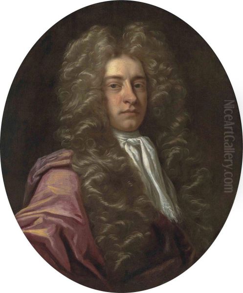 Portrait Of A Gentleman, Bust-length, In A Red Mantle Oil Painting by Johann Closterman