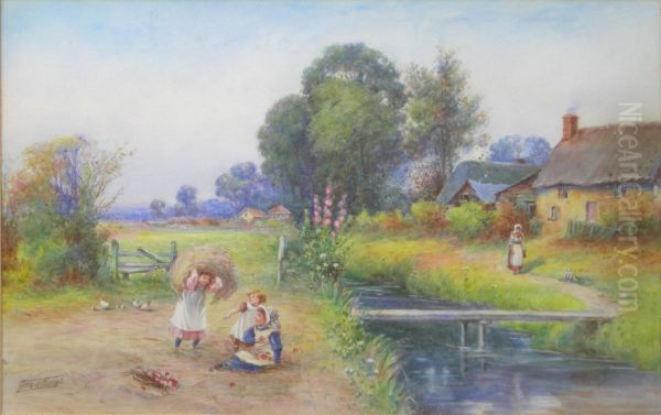 Children Playing By A Stream Oil Painting by Arthur Clough