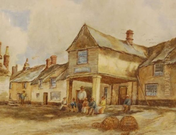 Fisherfolk Outside The Navy Inn (keigwen Arms) Oil Painting by Arthur Clough