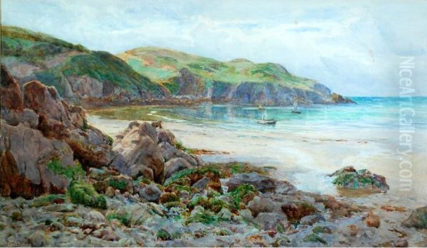 'pembroke Bay' Rocky Coastal Scene With Figure In A Small Boat Oil Painting by Tom Clough