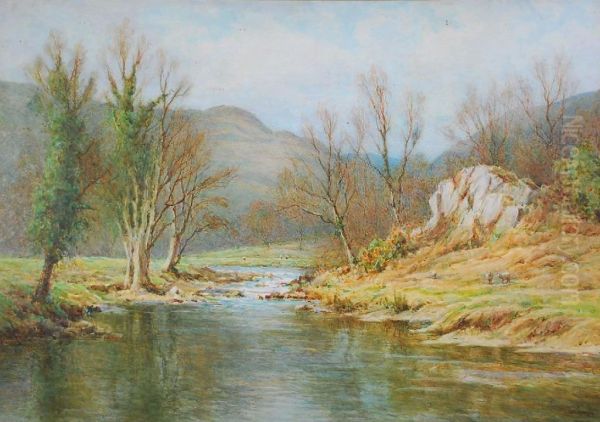 Sheep In A Winter Lakeland River Landscape Oil Painting by Tom Clough