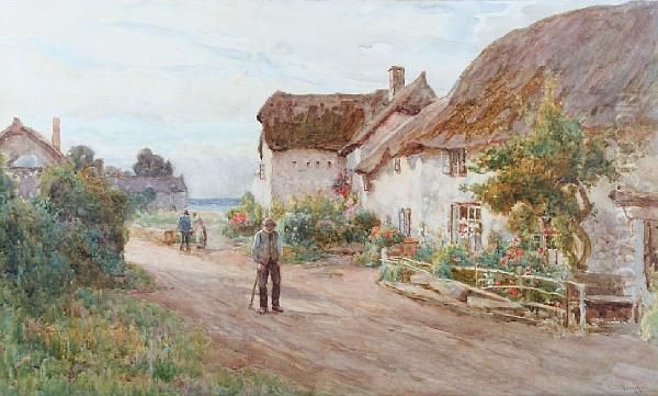 A Village Lane With Figures Before Thatchedcottages And Gardens Oil Painting by Tom Clough