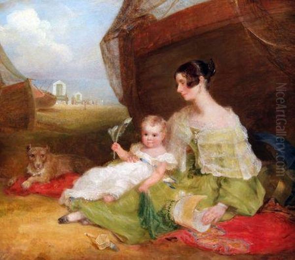 Caroline Preston With Child And Dog On Lowestoft Beach Oil Painting by Joseph Clover