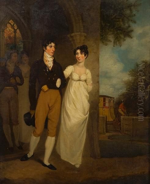 Portrait Of The Artist's Brother And Sister-in-law In The Porch Of Thwaite Church On Their Wedding Day Oil Painting by Joseph Clover