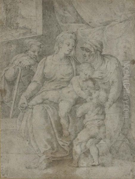 The Holy Family With Saint Elizabeth And The Infant Baptist Oil Painting by Giorgio-Giulio Clovio