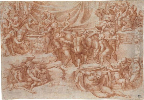 A Bacchanal Of Children, After Michelangelo Oil Painting by Giorgio-Giulio Clovio