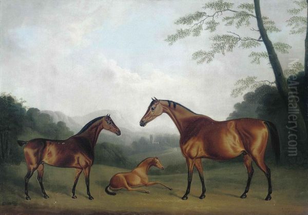 Mares And A Foal In A Landscape Oil Painting by Daniel Clowes