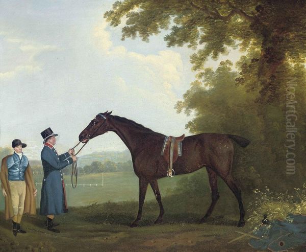 A Racehorse, Jockey And Owner In An Extensive Landscape Oil Painting by Daniel Clowes