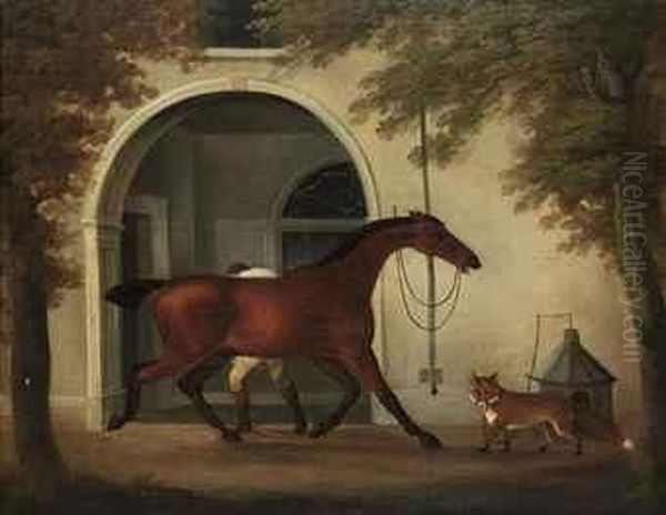 A Groom Rubbing Down A Hunter Outside A Stable, With A Foxnearby Oil Painting by Daniel Clowes