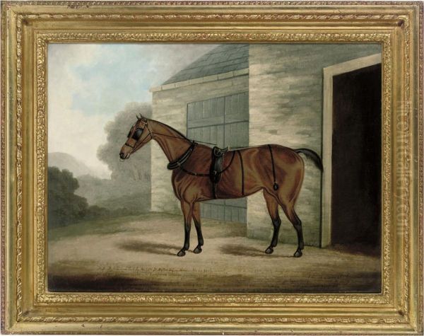 A Bridled Chestnut Horse By A Stable Oil Painting by Henry Clowes