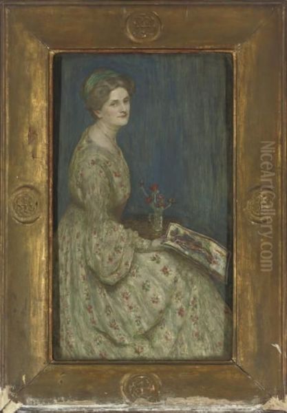 Portrait Of A Lady, Seated Three-quarter-length, In A Floral Dress, An Oriental Print In Her Right Hand Oil Painting by Kathleen E. Coad