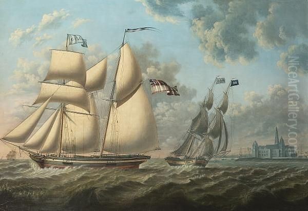 The Schooner 'guard' And The Snow 'chase' Off Elsinore Castle Oil Painting by William Coates