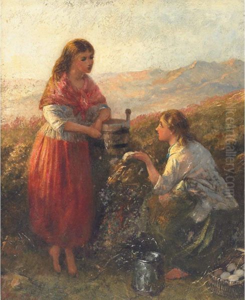 Country Girls Conversing By A Well Oil Painting by Edward John Cobbett