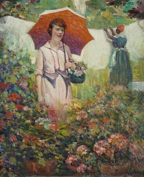 Lady In Pink With A Parasol In A Flower Garden Oil Painting by Frank Coburn