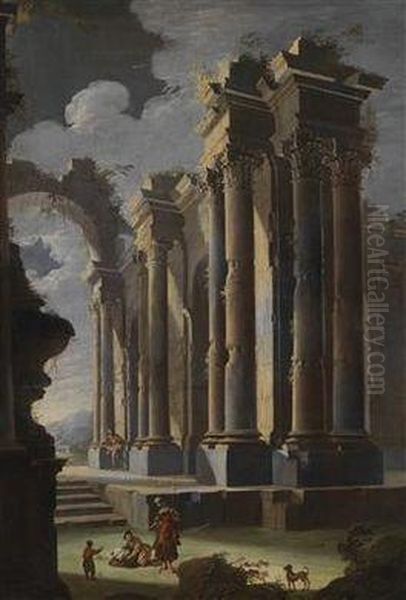 A Pair Of Architectural Capricci With Figures Oil Painting by Leonardo Coccorant