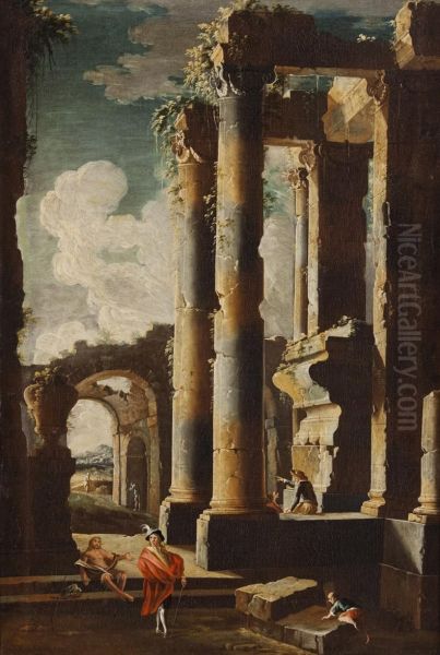 A) Capriccio Architettonico Con Astanti E Cavallo B) Capriccio Archietettonico Con Astanti Vari Oil Painting by Leonardo Coccorant