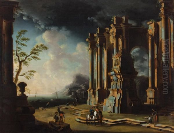 Capriccio Di Rovine Antiche Con Un Edificio Fantastico Presso Una Costa Mediterranea Oil Painting by Leonardo Coccorant