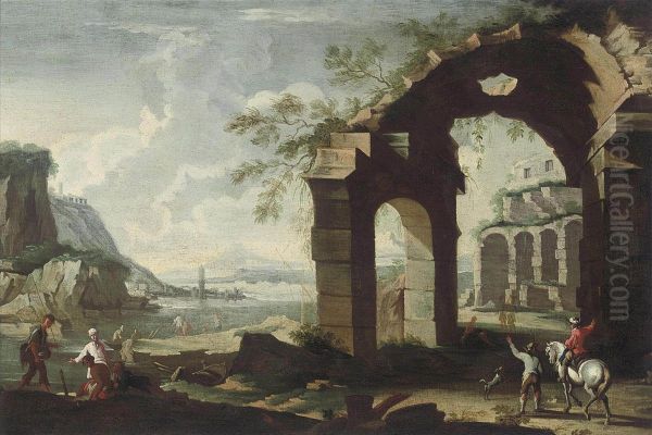 An Architectural Capriccio With Classical Ruins And Figures Conversing On A Shore Oil Painting by Leonardo Coccorant