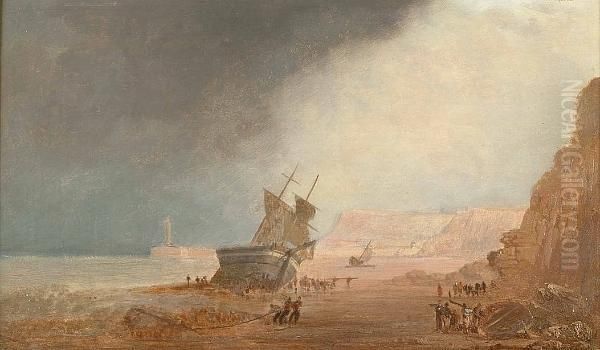 Vessels Off The Coast Lof Whitby Sands Oil Painting by Edwin Cockburn