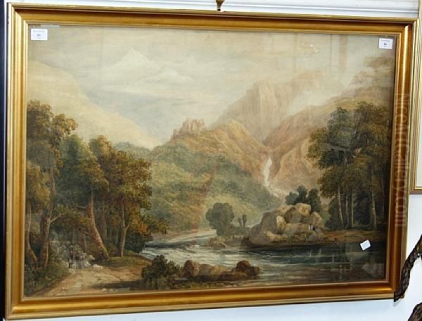 A Mountainous River Landscape Oil Painting by James Pattison Cockburn