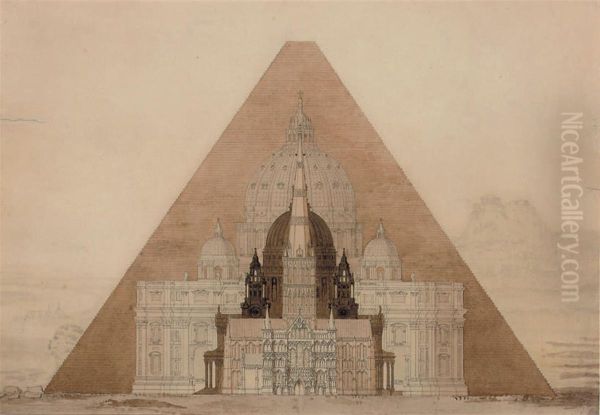 The Comparative Height Of The Great Pyramid At Giza With St Peter's Basilica, Rome, St Paul's Cathedral, London, And Salisbury Cathedral, With The Sphinx And The Acropolis, Athens, Beyond Oil Painting by Charles Robert Cockerell