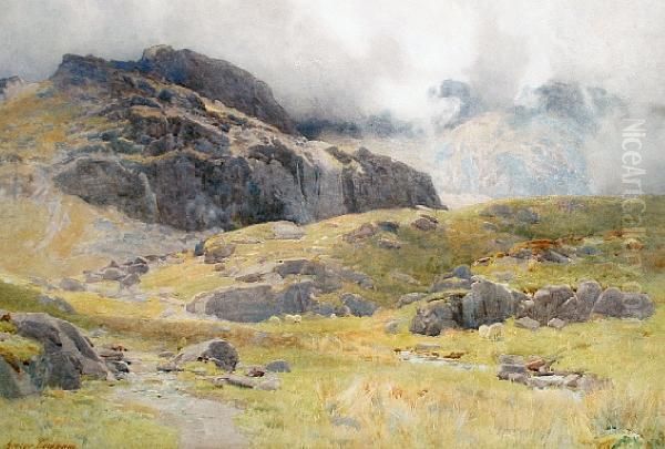 Sheep On A Misty Hillside Oil Painting by George Cockram