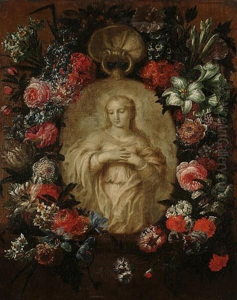 A Garland Of Roses, Peonies, Tulips, Iris And Other Flowers Surrounding A Stone Relief Of The Virgin Oil Painting by Jean Georges Christ. Coclers