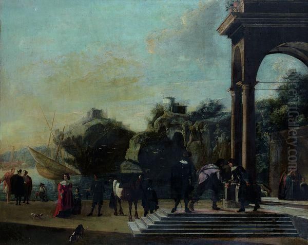 Portique D'un Palais Classique Sur Un Rivage Rocheux Anime De Nombreux Personnages Oil Painting by Nicolo Viviani Codazzi