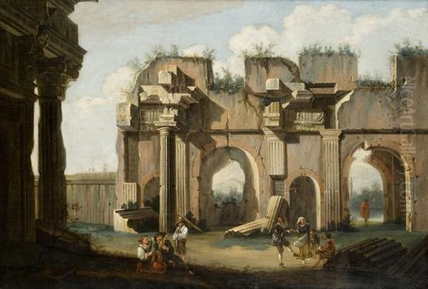 Capriccio Architettonico Con La Basilica Di Massenzio E Figure Di Popolani Che Suonano E Danzano In Primo Piano Oil Painting by Nicolo Viviani Codazzi