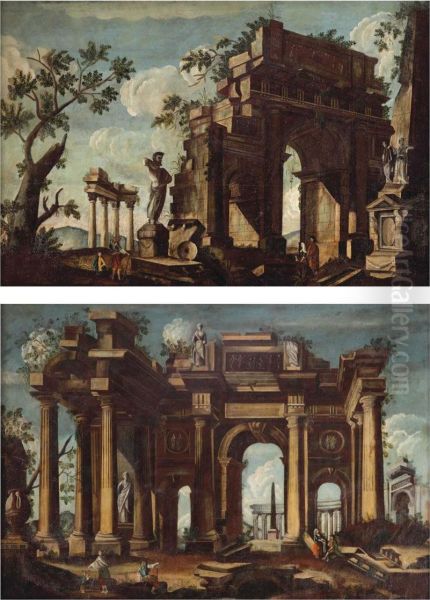 A Capriccio Of A Classical Ruin With Figures; And A Capriccio Withfigures Admiring A Sculpture Near A Classical Arch Oil Painting by Nicolo Viviani Codazzi