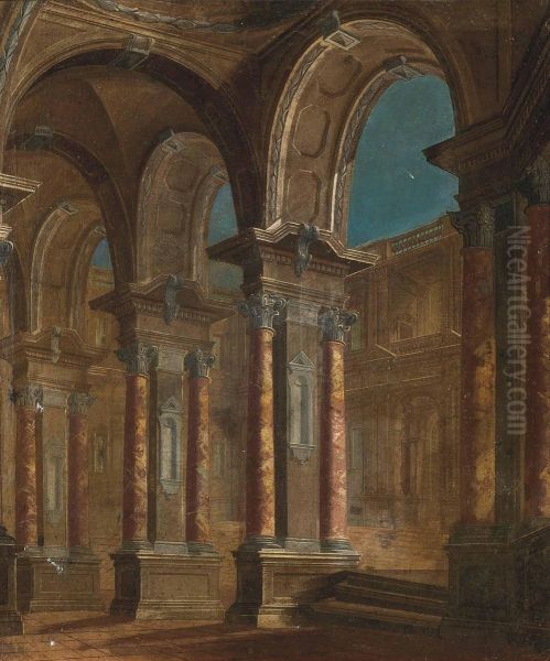 An Architectural Capriccio Of A Palace Courtyard Oil Painting by Viviano Codazzi