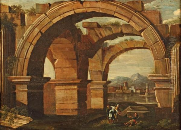 Personnages Sous Des Arches En Ruine Oil Painting by Viviano Codazzi