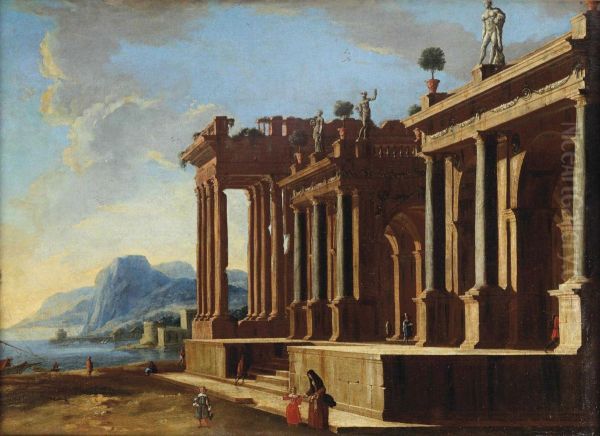 A Capriccio View With A Classical Temple Ruin Along A Mountainouscoast Oil Painting by Viviano Codazzi