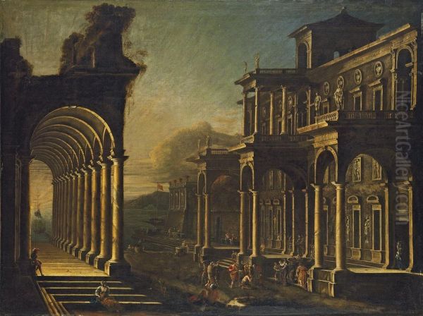 A Capriccio View Of A Coastal City, With A Loggia And Other Classicised Buildings And Saint Peter Healing The Lame Oil Painting by Codazzi Viviano & Gargiulo Domenico