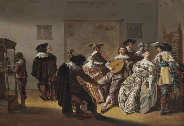 Elegant Company Making Music In An Interior Oil Painting by Pieter Codde