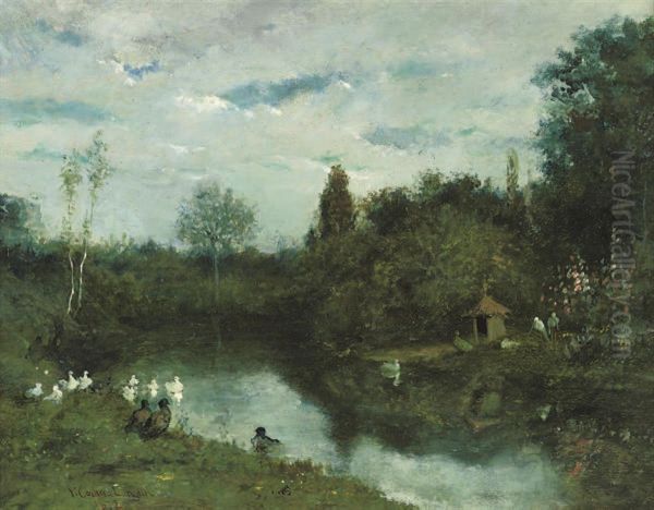 Ducks On The River; And Washerwomen By A Pond Oil Painting by Victoriano Codina Y Langlin