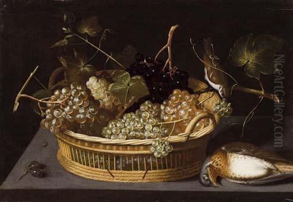 Natura Morta Con Cesta D'uva E Due Uccelli Oil Painting by Francesco Codino