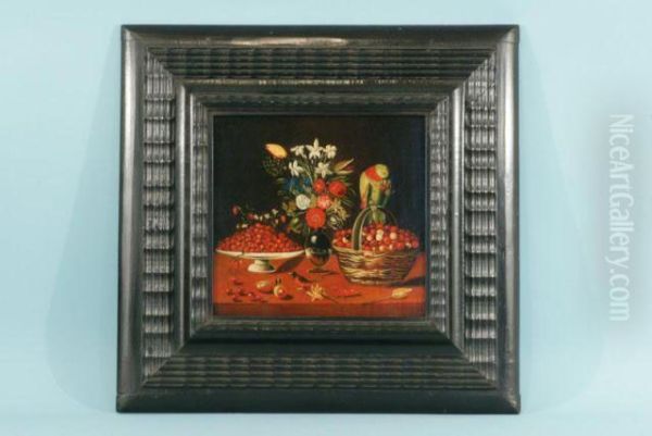 Still Life Of Flowers, Fruit, Parrots, Small Birds And Shells Oil Painting by Francesco Codino