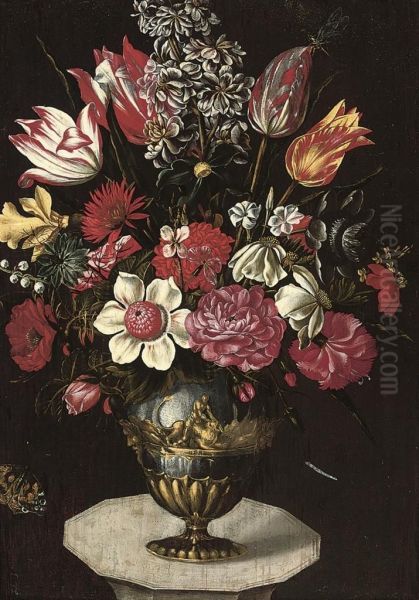 A Stock, Chrysanthemums, Roses, Anemones, Parrot Tulips, And Otherflowers In A Classical Urn On A Plinth, With A Butterfly Anddragonfly Oil Painting by Francesco Codino