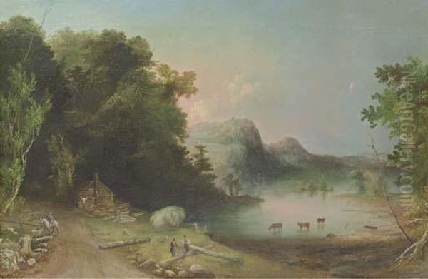 The Log Cabin (cattle In Lake) Oil Painting by Charles Codman