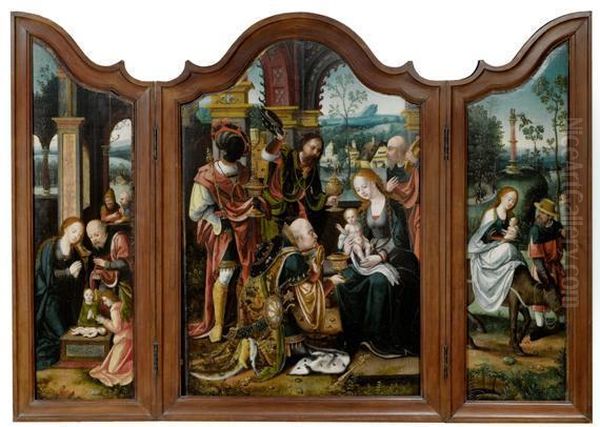 Triptych: Adoration Of The Kings, The Holy Family, The Flight Into Egypt Oil Painting by Pieter Coecke Van Aelst