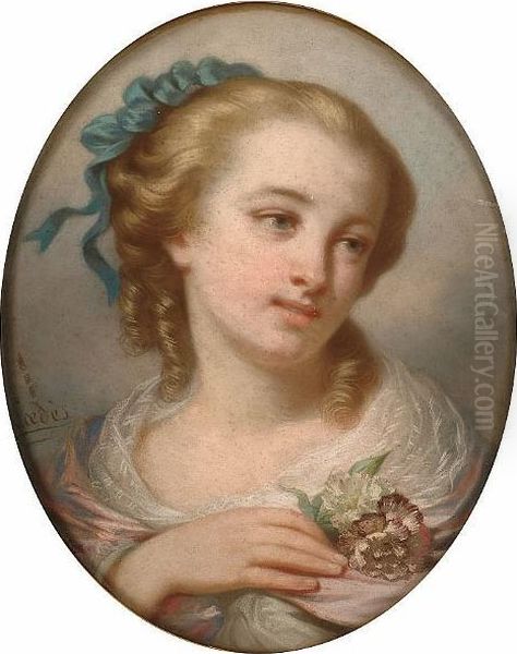 Portrait, Bust Length, Of A Girl Holding Flowers Oil Painting by Louis Eugene Coedes